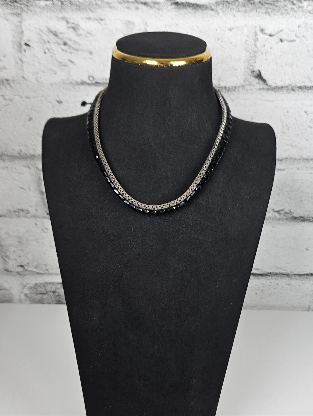 Black Crystal Silver Tone Wrap Choker Necklace Adjustable Statement